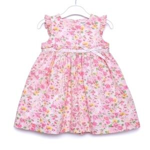 Chaps‎ Baby Girls 12M Floral Dress Pink Yellow Ruffle Ribbon Bow Barbiecore Prep